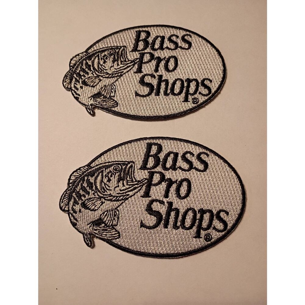 New Lot 2 Bass Pro Fish Logo Iron On Patches 3"x2" Silver Black